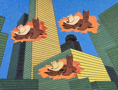 DEREK BOSHIER (British b. 1937) A PAINTING, "Between: DEREK BOSHIER (British b. 1937) A PAINTING, "Between Sunset and Sunrise, Houston," 1980, oil on canvas, signed verso. 42 1/8" x 55 1/8" Note: Derek Boshier's "Texas paintings" completed during the 198