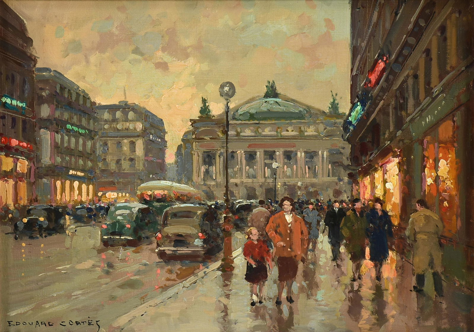 ÉDOUARD CORTÈS (French 1882-1969) A PAINTING, "Palais: ÉDOUARD CORTÈS (French 1882-1969) A PAINTING, "Palais Garnier and Automobiles at Sunset," oil on canvas, signed L/L, "Edouard Cortés," verso a rubber stamp and numbered 22089. 12 1/4" x 17 1/2" Pro