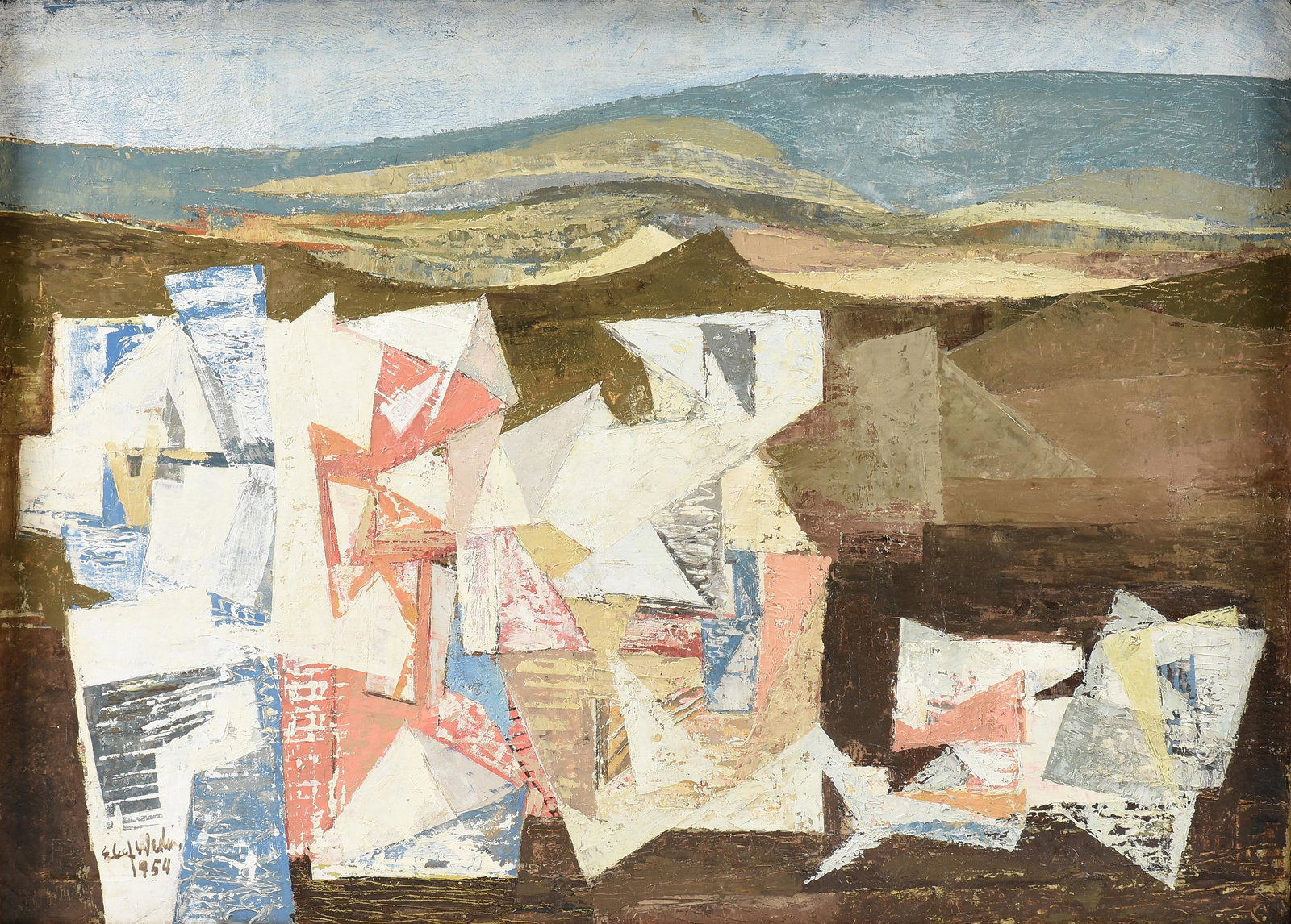 ELOF WEDIN (Swedish/American 1901-1983) A PAINTING,: ELOF WEDIN (Swedish/American 1901-1983) A PAINTING, "Farm Yard," 1954, oil on canvas, signed and dated L/L, verso titled and dated on stretcher. 26" x 36" Note: A good example of Elof Wedin's cubist l