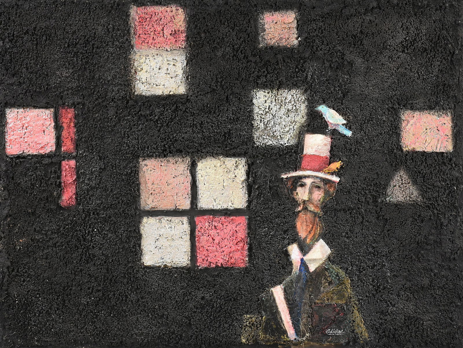 DAVID ADICKES (American/Texas b. 1927) A PAINTING,: DAVID ADICKES (American/Texas b. 1927) A PAINTING, "Philosopher with Bird," 2015, acrylic with texture on board, signed L/R, verso signed, titled and dated with Artist's studio label. 36" x 48"