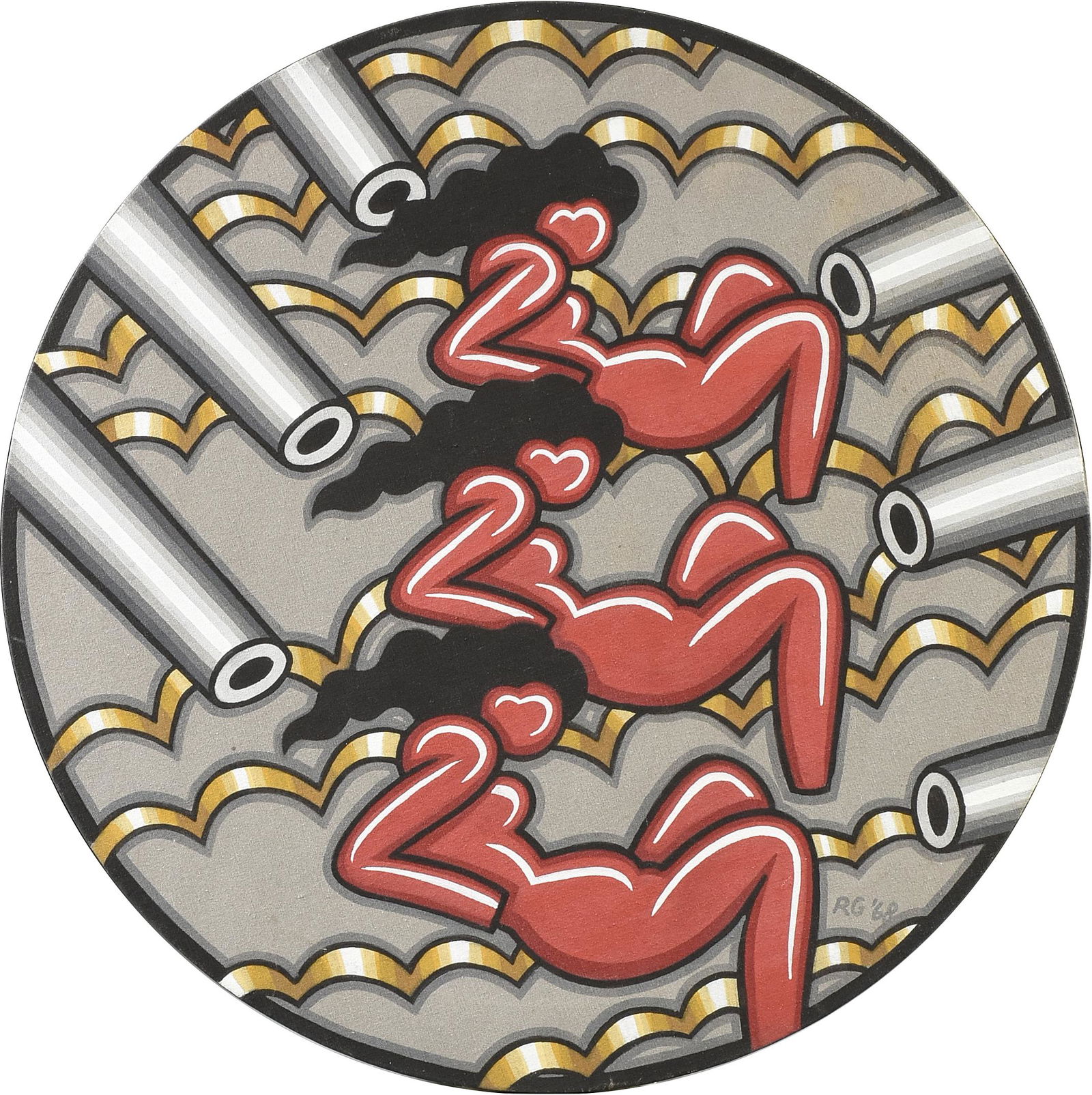 ROBERT GORDY (American/Louisiana 1933-1986) A PAINTING,: ROBERT GORDY (American/Louisiana 1933-1986) A PAINTING, "Camp Followers," 1968, acrylic on canvas tondo, signed in monogram and dated L/R, "R.G. '68," verso signed and dated on canvas, with two paper