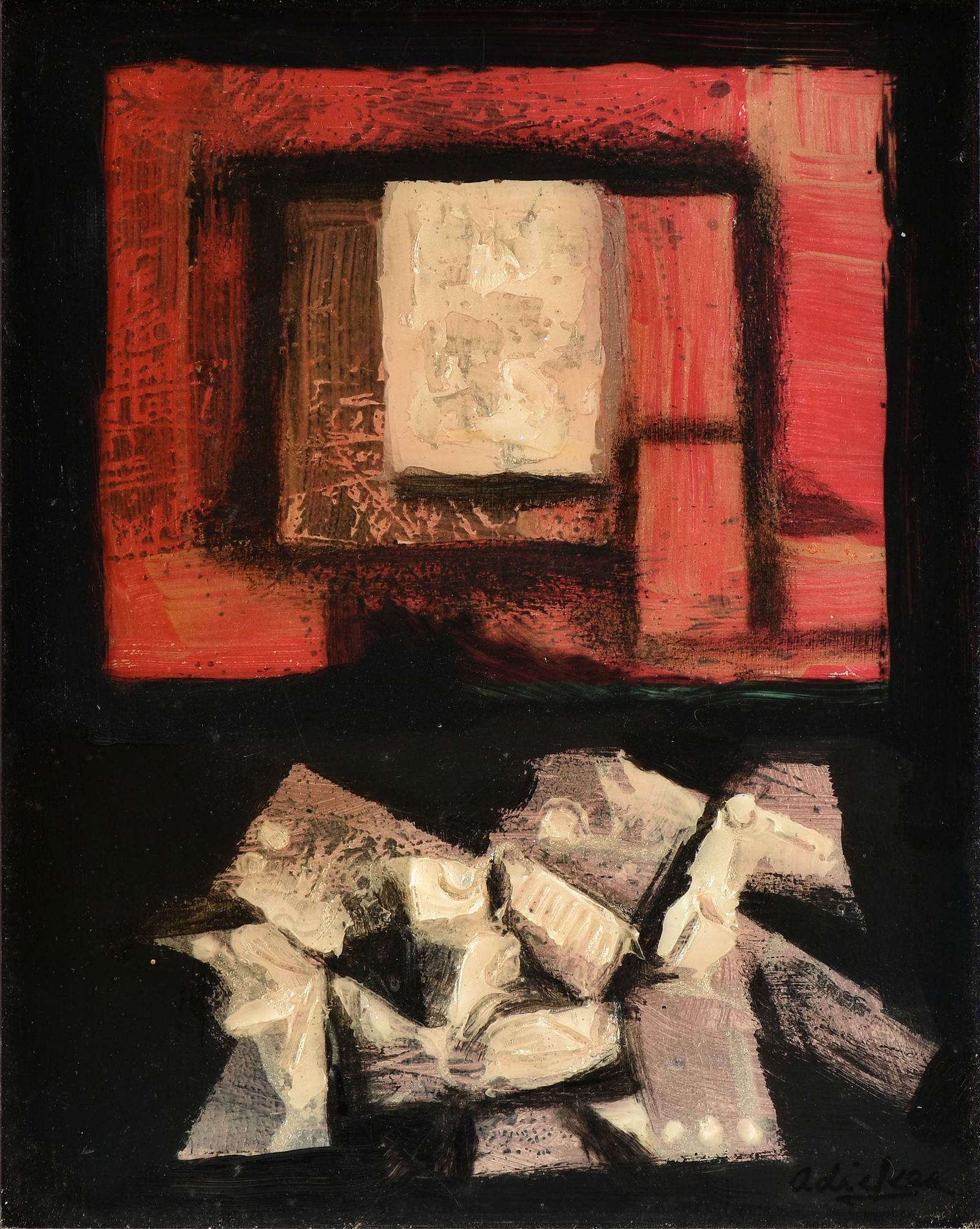 DAVID ADICKES (American/Texas b. 1927) A PAINTING, "Red: DAVID ADICKES (American/Texas b. 1927) A PAINTING, "Red and Gold Abstract," 2008, acrylic on wood, signed L/R, verso signed; titled and dated on Artist's studio label. 9 3/4" x 7 3/4"