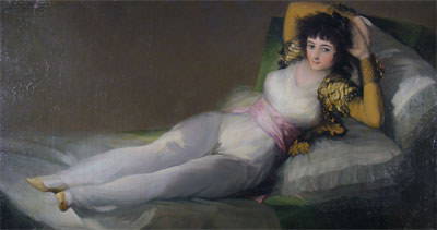 After GOYA: (Spanish 1746 - 1828) A painting, "Maja Vestida," oil on canvas. 19" x 37". Framed.