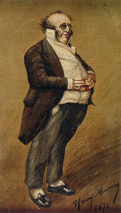 HENRY BONAVENTURE MONNIER: (French 1799 - 1877) A painting, "Monsieur Satisfact," oil on board, signed and dated 1872. 5" x 8". Framed