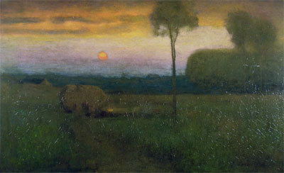 GEORGE INNESS, N.A.: (American 1825 – 1894) A painting, "Evening Landscape," oil on canvas, signed and dated 1889. 22" x 36". Framed. Provenance: Purchased directly from George Inness by George Hearn. Sold in "Hea