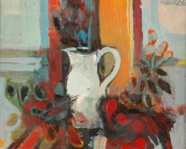 DAVID ADICKES (American b. 1927) A PAINTING, "Sti: DAVID ADICKES (American b. 1927) A PAINTING, "Still Life with Pitcher," oil on panel, signed. 8" x 10". Framed. Provenance: DuBose Gallery, Houston, Tx.