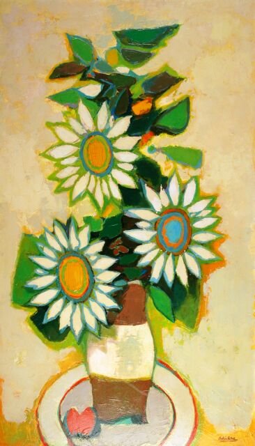 DAVID ADICKES (American b. 1927) A PAINTING, "Sun: DAVID ADICKES (American b. 1927) A PAINTING, "Sunflowers in a vase," oil on panel, signed L/R. 35" x 60". Framed. Provenance: Walley Findlay Gallery.