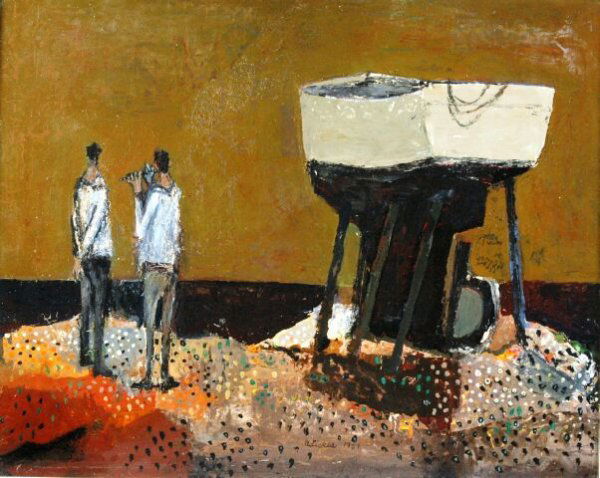 DAVID ADICKES (American b. 1927) A PAINTING, "Flu: DAVID ADICKES (American b. 1927) A PAINTING, "Flute Players Next to a Boat," acrylic on panel, signed and dated 1954. 20" x 24". Framed. Provenance: DuBose Gallery, Houston, Texas #2-0487.
