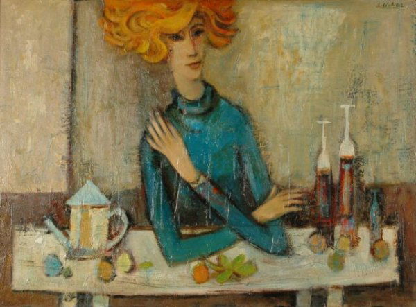 DAVID ADICKES (American b. 1927) A PAINTING, "Wom: DAVID ADICKES (American b. 1927) A PAINTING, "Woman Sitting at Table," acrylic on panel, signed upper right. 24" x 32". Framed. Provenance: DuBose Gallery, Houston, Texas.