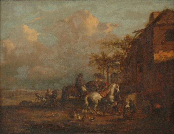 PIETER WOUWERMAN (Haarlam 1623-1682) A PAINTING, : PIETER WOUWERMAN (Haarlam 1623-1682) A PAINTING, "Visiting the Blacksmith," oil on canvas. 9 1/2" x 12 1/2". Framed. Provenance: J. & S. Goldschmidt, purchased by H. J. Lutcher Stark in 1927. Comes wi