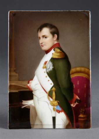 A CONTINENTAL FINELY PAINTED PORCELAIN PLALQUE OF: A CONTINENTAL FINELY PAINTED PORCELAIN PLALQUE OF NAPOLEON I, possibly KPM, signed Müller, late 19th/early 20th century, depicting a three quarter length portrait of Napoleon after David, on the rese