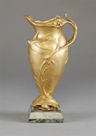 Cast from a Model by LOUIS-THEOPHILE HINGRE (Frenc: Cast from a Model by LOUIS-THEOPHILE HINGRE (French 19th century - 1911) A BRONZE VASE, "Swallows and Iris," signed T. Hingre in the gilt bronze. On a verde antico marble plinth. Height: 10". Note: Lo