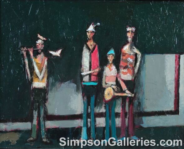 DAVID ADICKES (American b. 1927) A PAINTING, "4 M: DAVID ADICKES (American b. 1927) A PAINTING, "4 Man Band, The Flute and Banjo," acrylic on panel, signed L/R. 16' x 20". Framed.