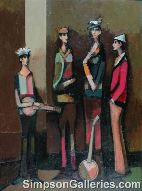 DAVID ADICKES (American b. 1927) A PAINTING, "4 M: DAVID ADICKES (American b. 1927) A PAINTING, "4 Men, 2 Banjos," acrylic on panel, signed. 40" x 30". Framed.
