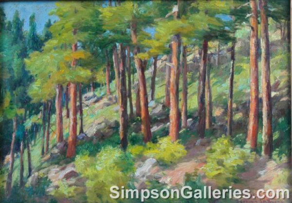 JOSEPH HENRY SHARP (American 1859-1953) A PAINTIN: JOSEPH HENRY SHARP (American 1859-1953) A PAINTING, "Cocoino Forest Pines," 10" x 14". Inscribed to Mrs. Nordhaus September 1917 J. H. Sharp. Framed.