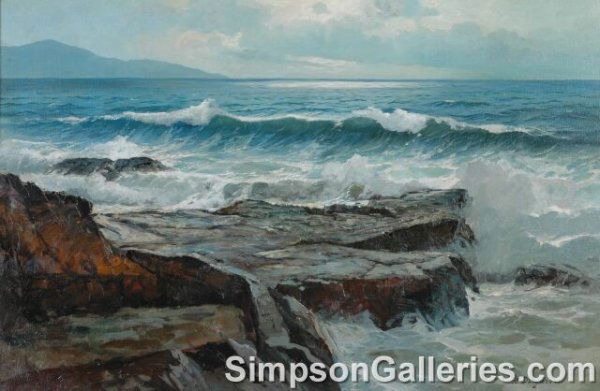 ALEXANDER DZIGURSKI (Yugoslavian/American 1911-199: ALEXANDER DZIGURSKI (Yugoslavian/American 1911-1995) A PAINTING, "Rugged Coast," oil on canvas, signed. 24" x 36". Framed.