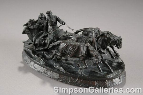 VASIL GRACHEV (Russian 1831-1905) A BRONZE SCULPT: VASIL GRACHEV (Russian 1831-1905) A BRONZE SCULPTURE OF A SEATED COUPLE AND DRIVER of a troika being pulled through rough terrain by galloping horses behind the Izvoshchik. Abundant detail, inscribed