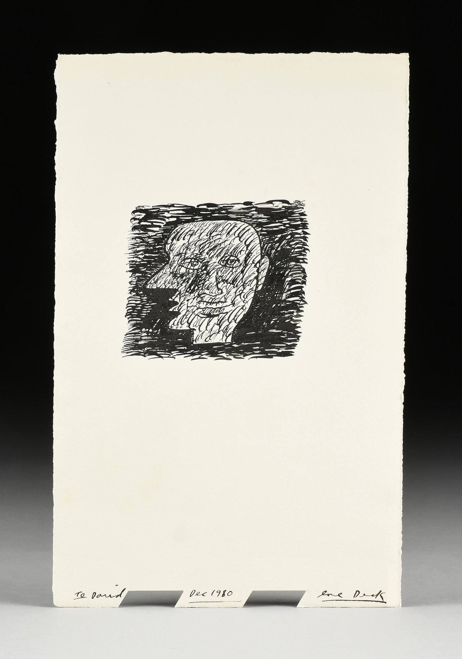 DEREK BOSHIER (British b. 1937) A DRAWING, "Head of: DEREK BOSHIER (British b. 1937) A DRAWING, "Head of Man," DECEMBER 1980, ink on paper, signed on bottom of sheet?in ink L/R, "love Derek,"?dated bottom center, dedication L/L, "To David,"?image: 3 3/4