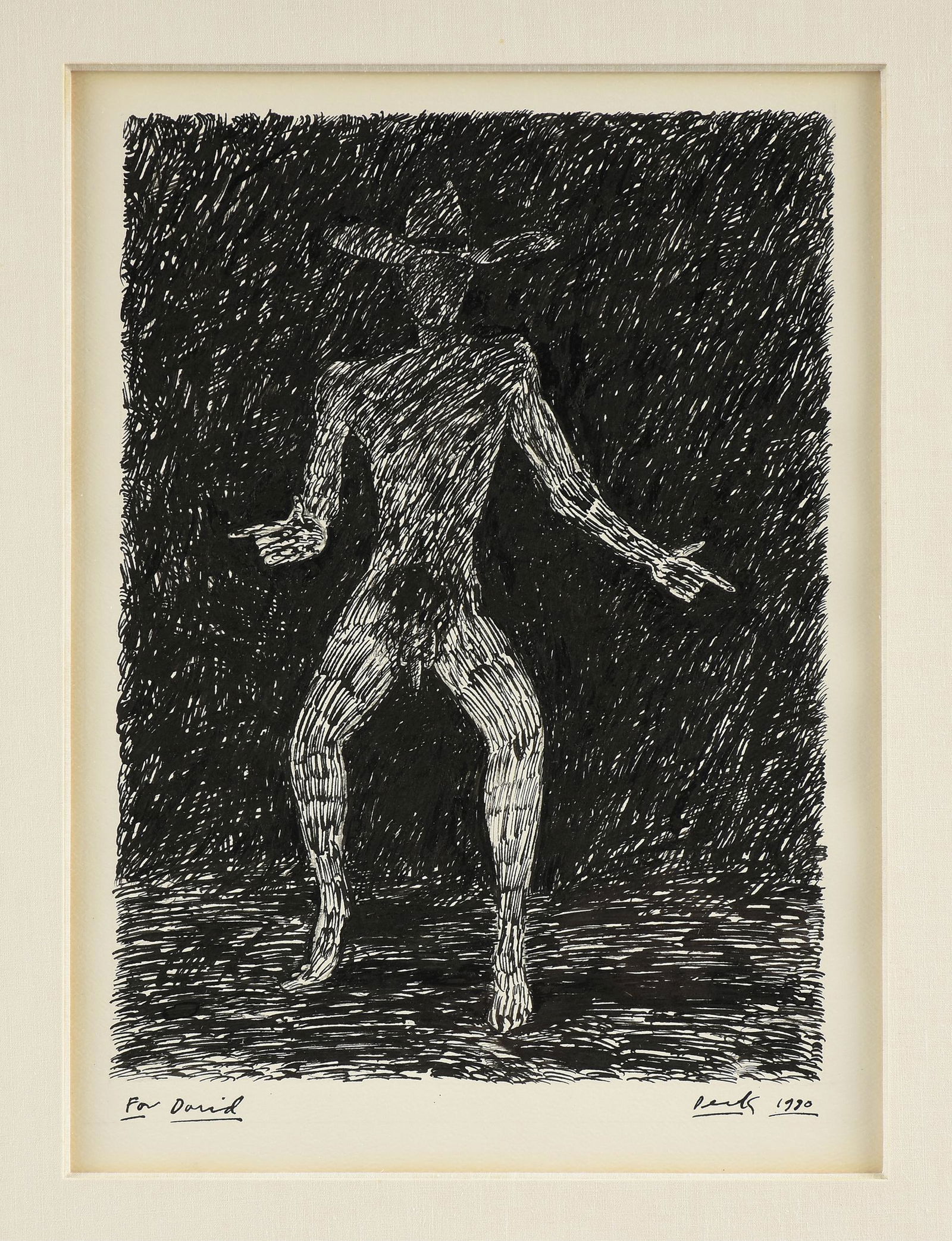 DEREK BOSHIER (English b. 1937) A DRAWING, "Midnight: DEREK BOSHIER (English b. 1937) A DRAWING, "Midnight Cowboy," 1980, ink on paper, signed and dated in margin in black ink, "Derek 1980," dedicated L/L margin, "For David," verso a paper gallery label.
