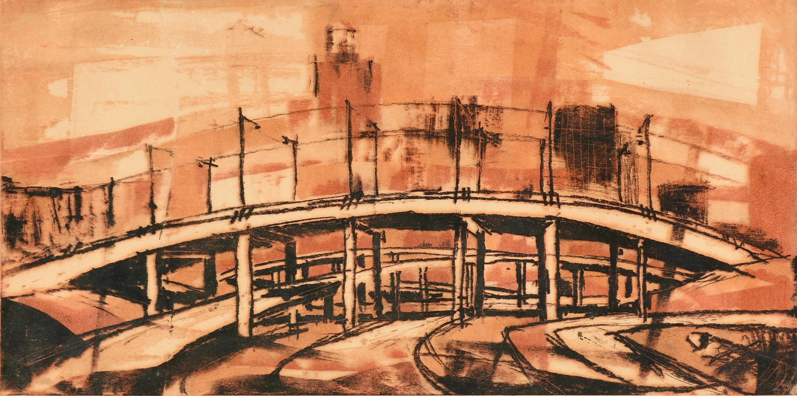 WILLIAM (BILL) CONDON (American/Texas 1923-1998) A: WILLIAM (BILL) CONDON (American/Texas 1923-1998) A PRINT, "Interchange," 1956, monoprint on paper, signed and dated in pencil in margin, "Bill Condon '56,'?titled?in margin in pencil L/L, and numbered