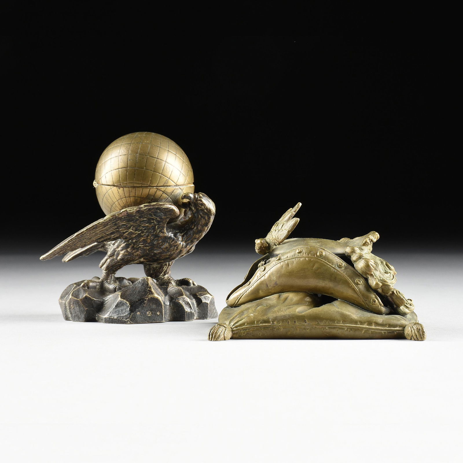 A GROUP OF TWO CONTINENTAL CAST BRONZE INKWELLS, (1 of 11)