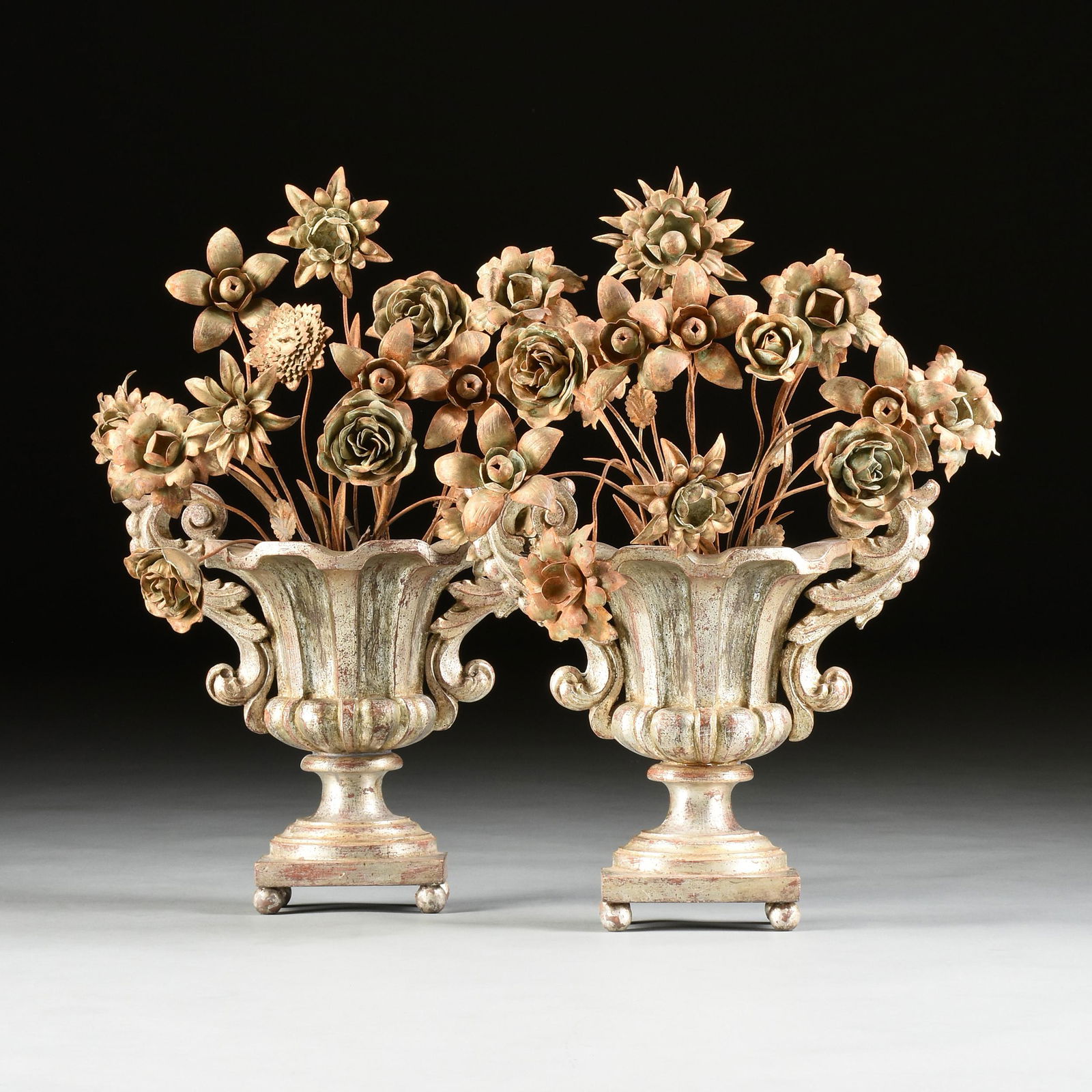 A PAIR OF ROCOCO STYLE SILVERED METAL FLOWER FILLED (1 of 8)