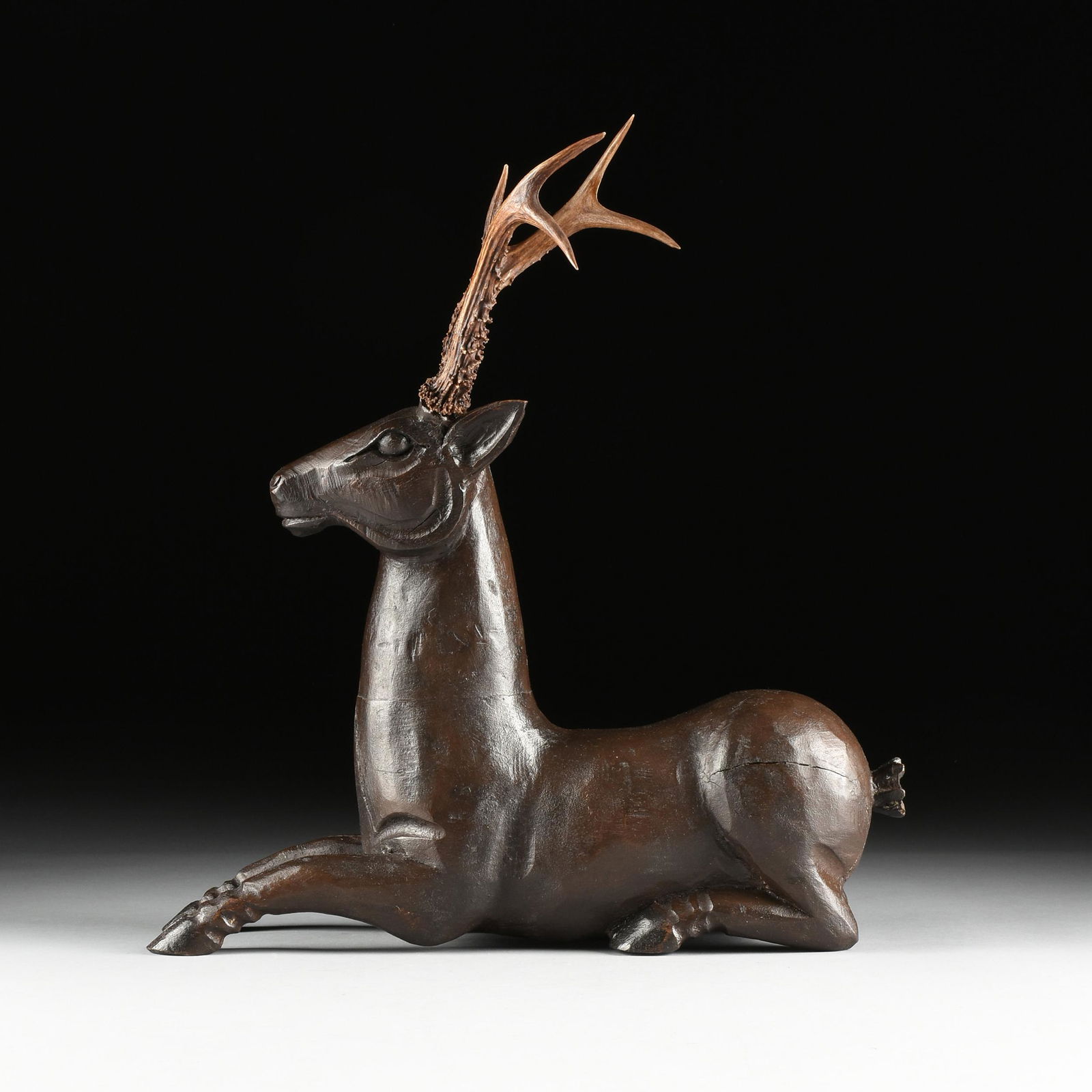 A  CONTINENTAL CARVED WOOD DEER WITH SIX POINT TROPHY (1 of 9)