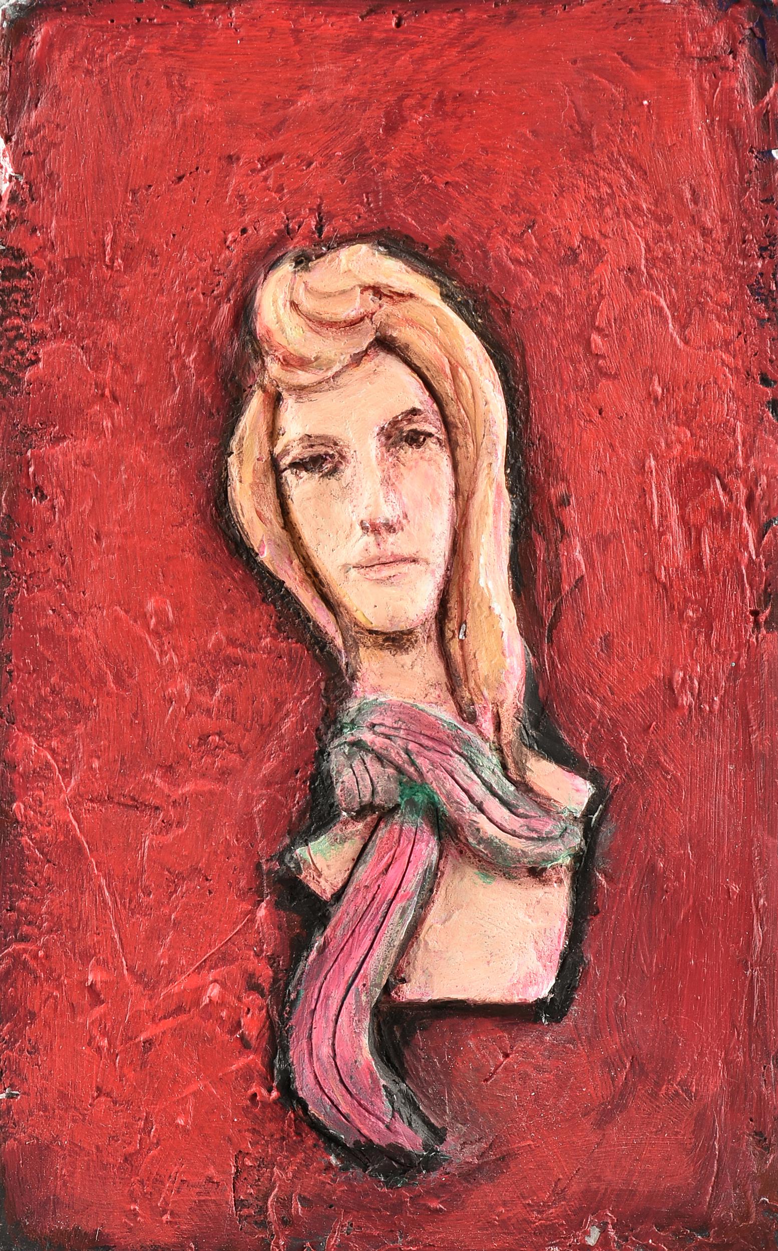 DAVID ADICKES (American/Texas b. 1927) A PAINTING,: DAVID ADICKES (American/Texas b. 1927) A PAINTING, "Laura in Red," acrylic in bas relief, signed L/R. 9" x 5 1/2"
