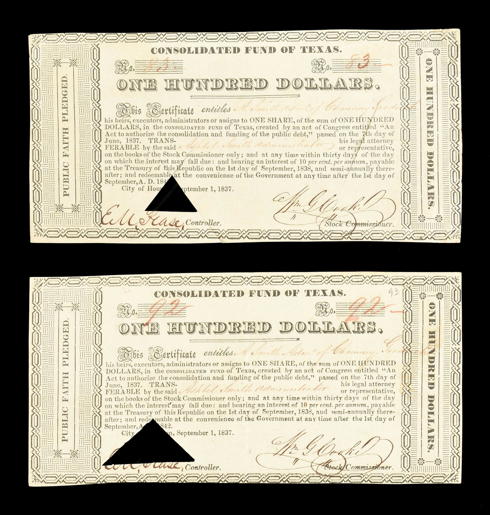 TWO REPUBLIC OF TEXAS NOTES, $100 CONSOLIDATED FUND OF: TWO REPUBLIC OF TEXAS NOTES, $100 CONSOLIDATED FUND OF TEXAS CERTIFICATE ISSUED TO ASHBEL SMITH ADMIN. FOR CHAUNCEY GOODRICH, SIGNED BY ELISHA M. PEASE AND WILLIAM G. COOKE, HOUSTON, SEPTEMBER 1, 1837