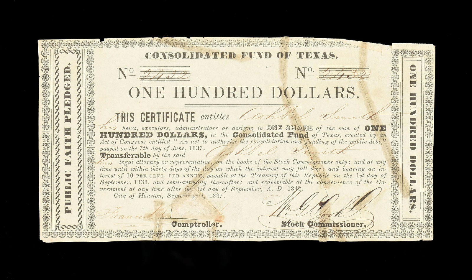 A REPUBLIC OF TEXAS $100 CONSOLIDATED FUND OF TEXAS (1 of 2)
