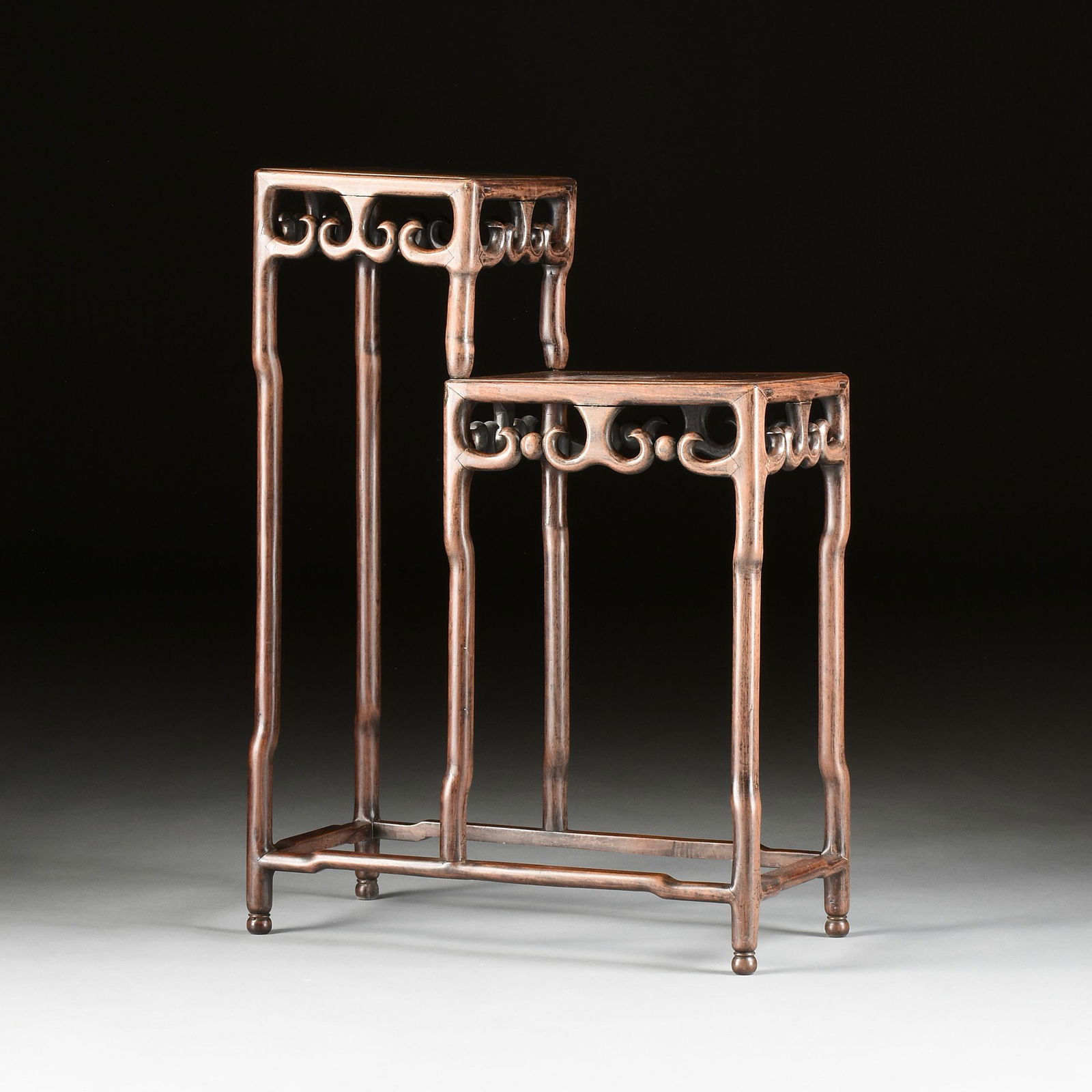 A CHINESE CARVED HARDWOOD TWO TIERED STAND, REPUBLIC (1 of 7)