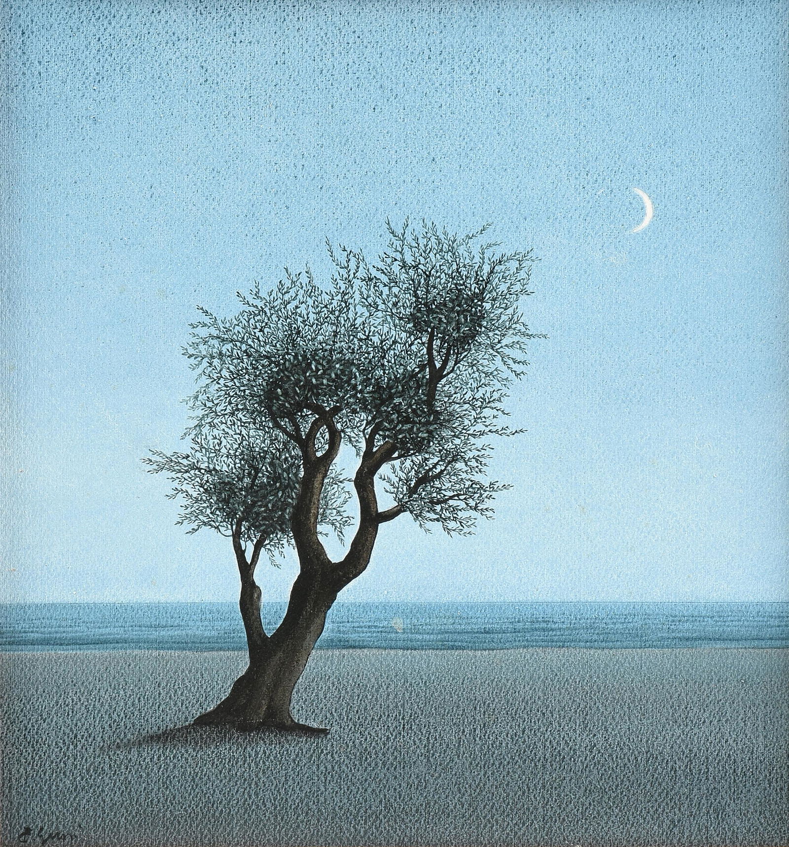 A BELGIAN SURREALIST STYLE PAINTING, "Tree and Moon," (1 of 11)