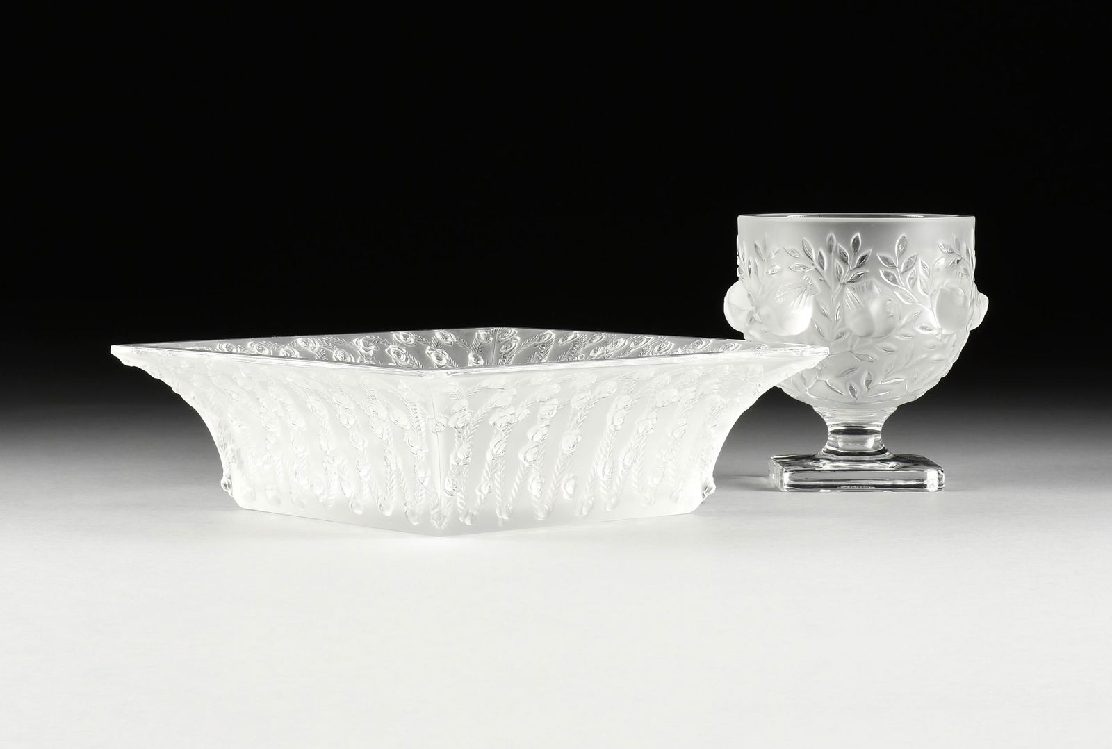 A LALIQUE "ROSES" SQUARE CRYSTAL BOWL AND "ELISABETH" (1 of 7)