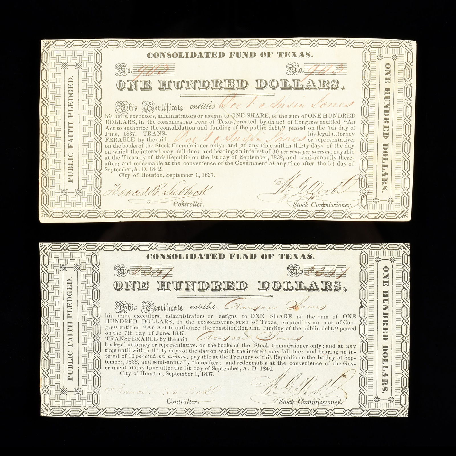 TWO REPUBLIC OF TEXAS NOTES, $100 CONSOLIDATED FUND OF (1 of 5)