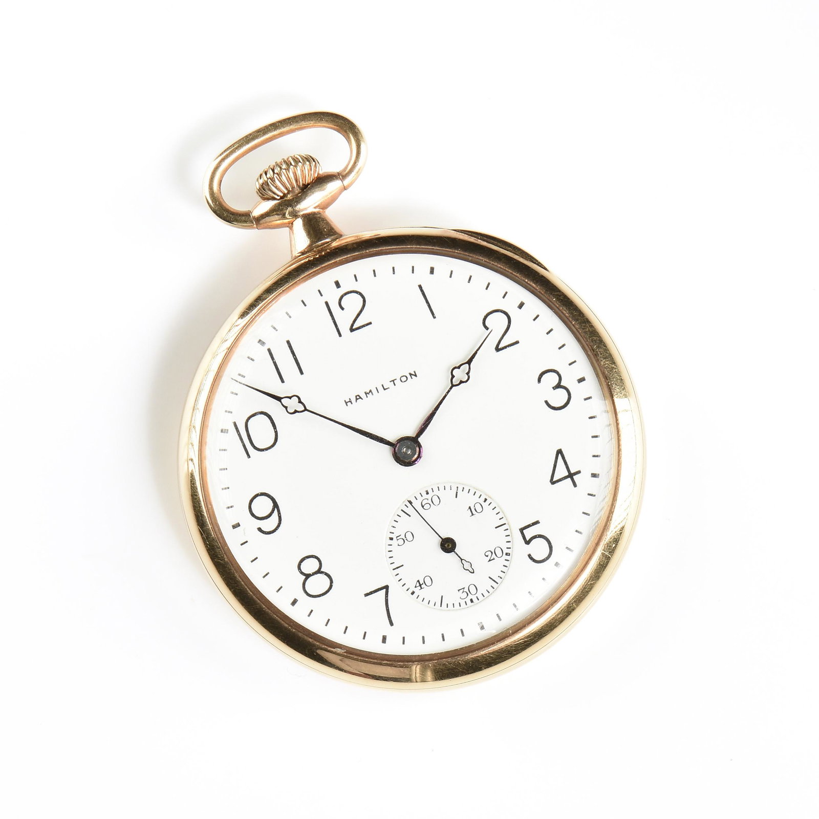A HAMILTON 14K YELLOW GOLD POCKET WATCH, LANCASTER PA,: A HAMILTON 14K YELLOW GOLD POCKET WATCH, LANCASTER PA, 23 JEWELS, ADJUSTED, 16863, EARLY 20TH CENTURY, with white enamel dial enclosing black Arabic hour numerals and "HAMILTON," over blued steel quat