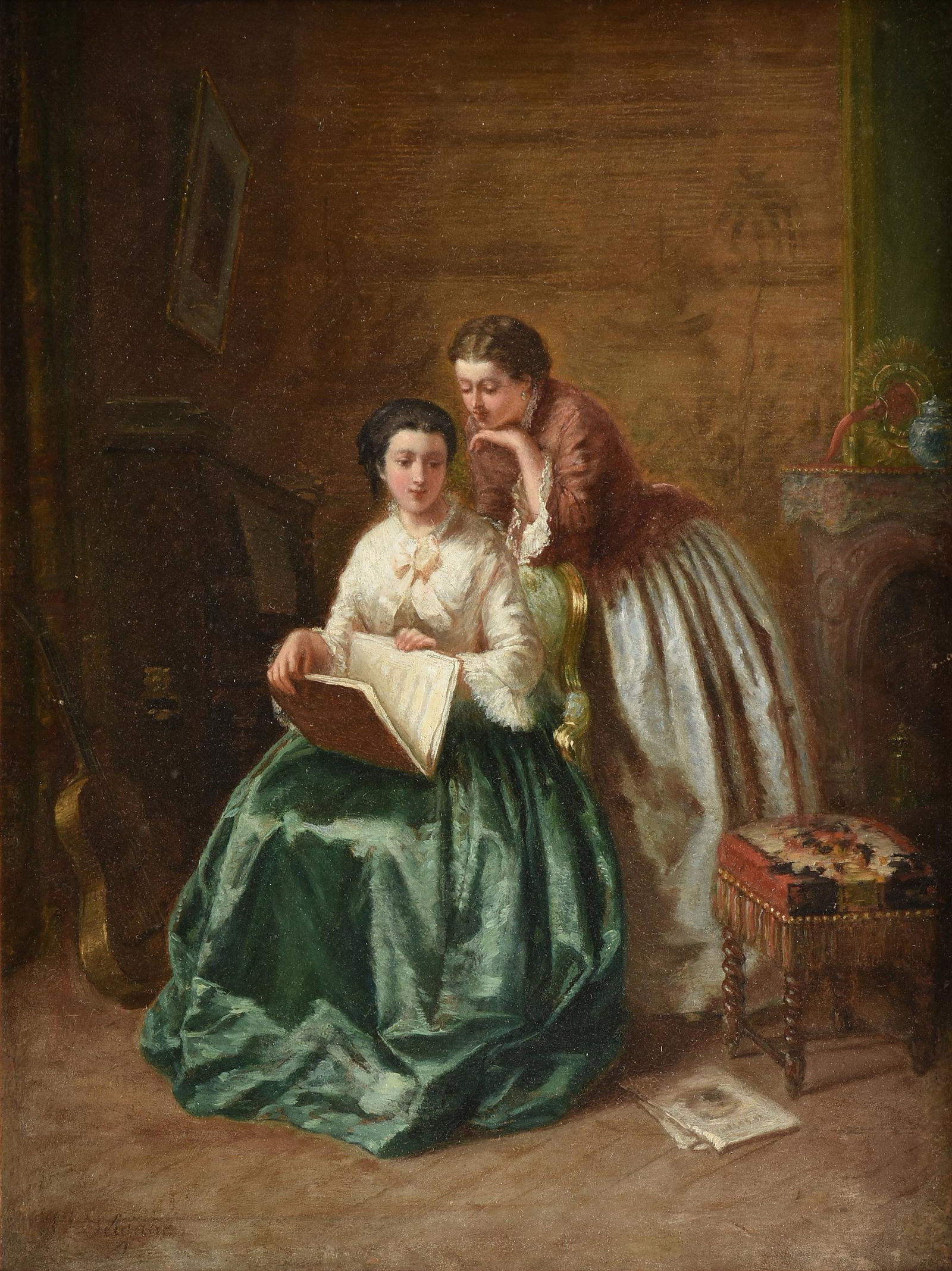 PIERRE SAGNAC (French 19th Century) A PAINTING,: PIERRE SAGNAC (French 19th Century) A PAINTING, "Beauties Selecting Sheet Music," 1860s, oil on board, signed L/L, "P. Sagnac," verso a partial "Christie's P" stamp. 12 1/2" x 9 1/2" Provenance: From 