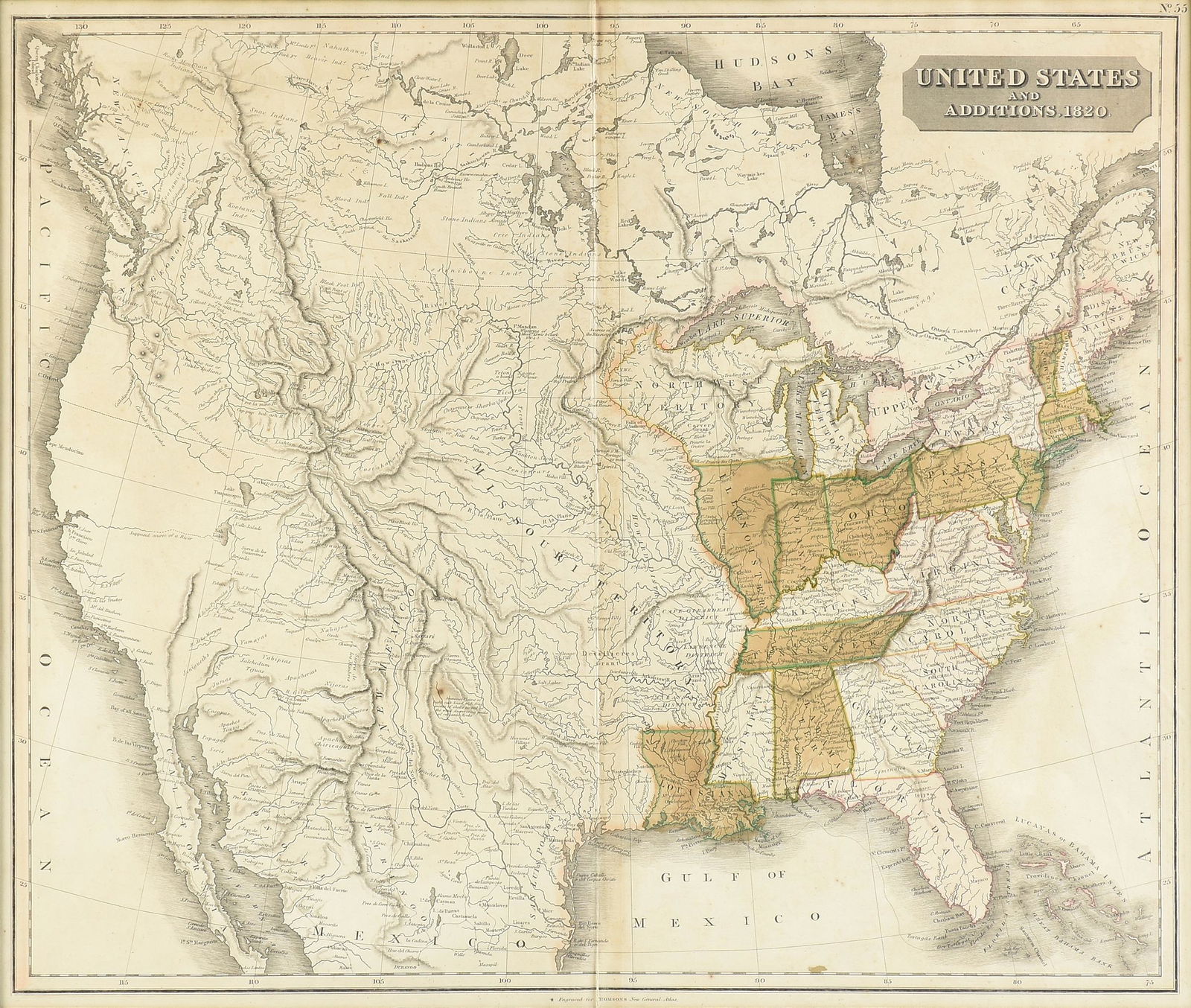 AN AMERICAN EXPANSION MAP, "United States and Additions: AN AMERICAN EXPANSION MAP, "United States and Additions 1820," EDINBURG, 1820, hand color engraving on paper, by John Thomson (1777-c.1841), Scottish cartographer, from Thomson's New General Atlas, pl