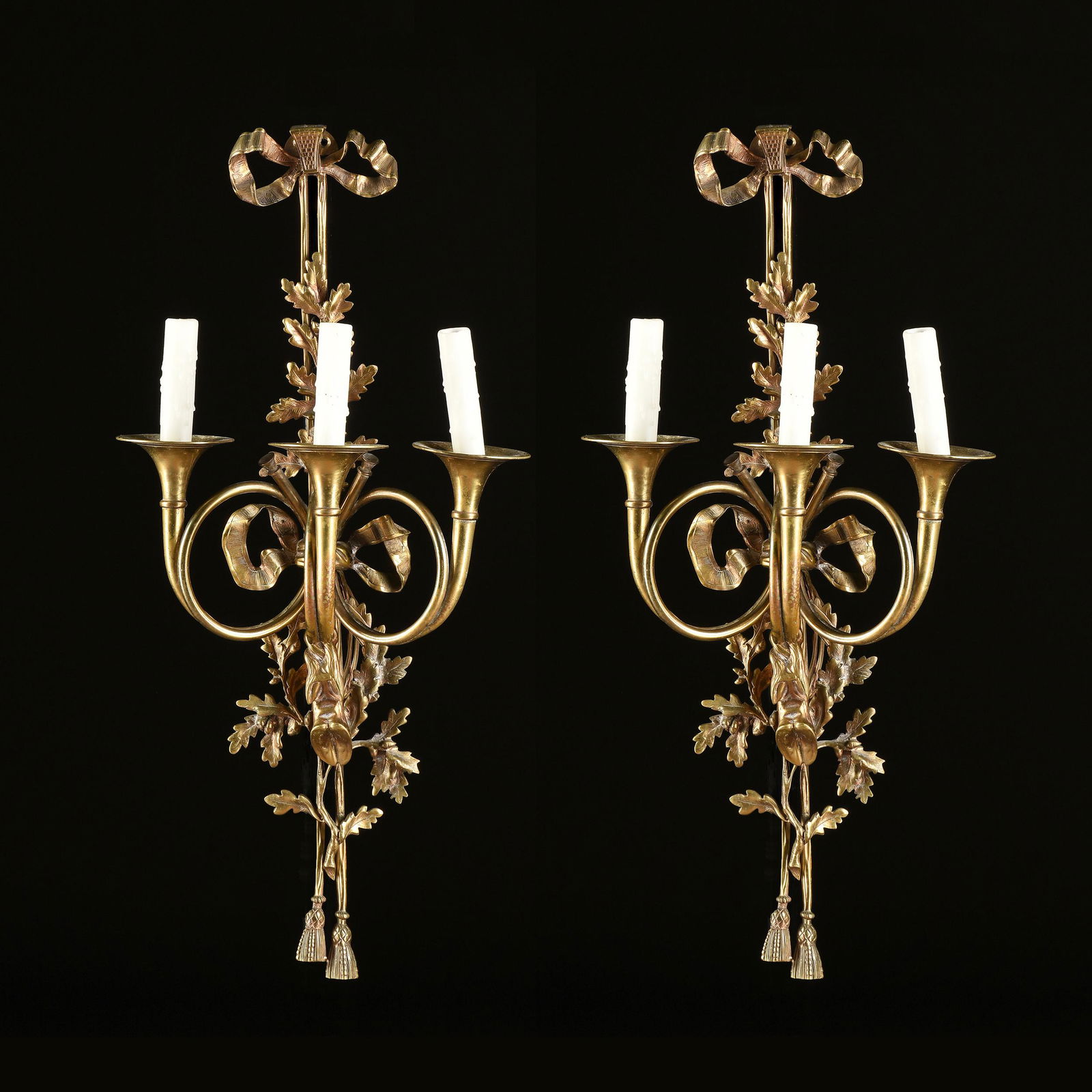 A PAIR OF LOUIS XVI STYLE GILT BRONZE THREE LIGHT (1 of 2)