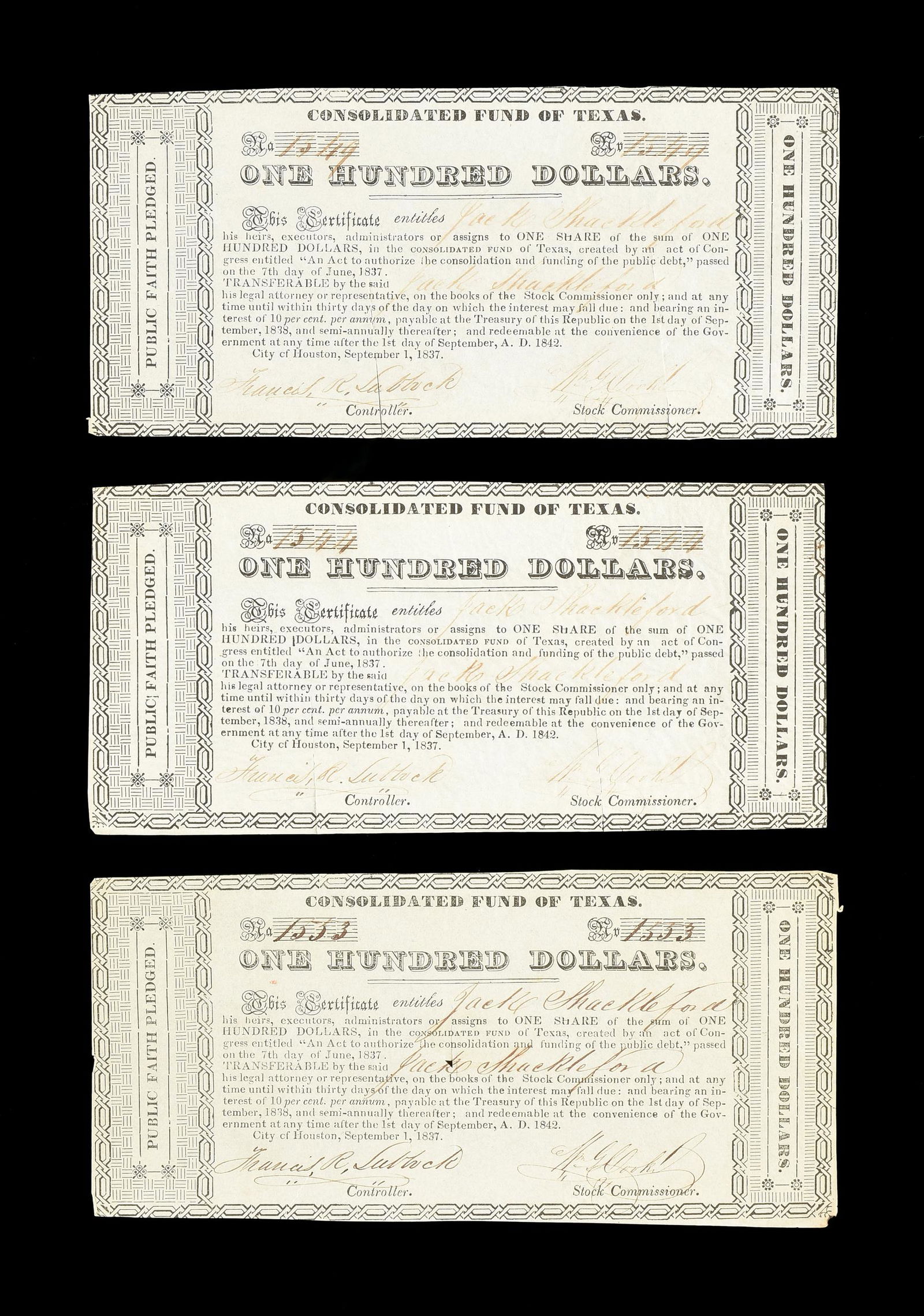 THREE REPUBLIC OF TEXAS $100 CONSOLIDATED FUND OF TEXAS (1 of 7)