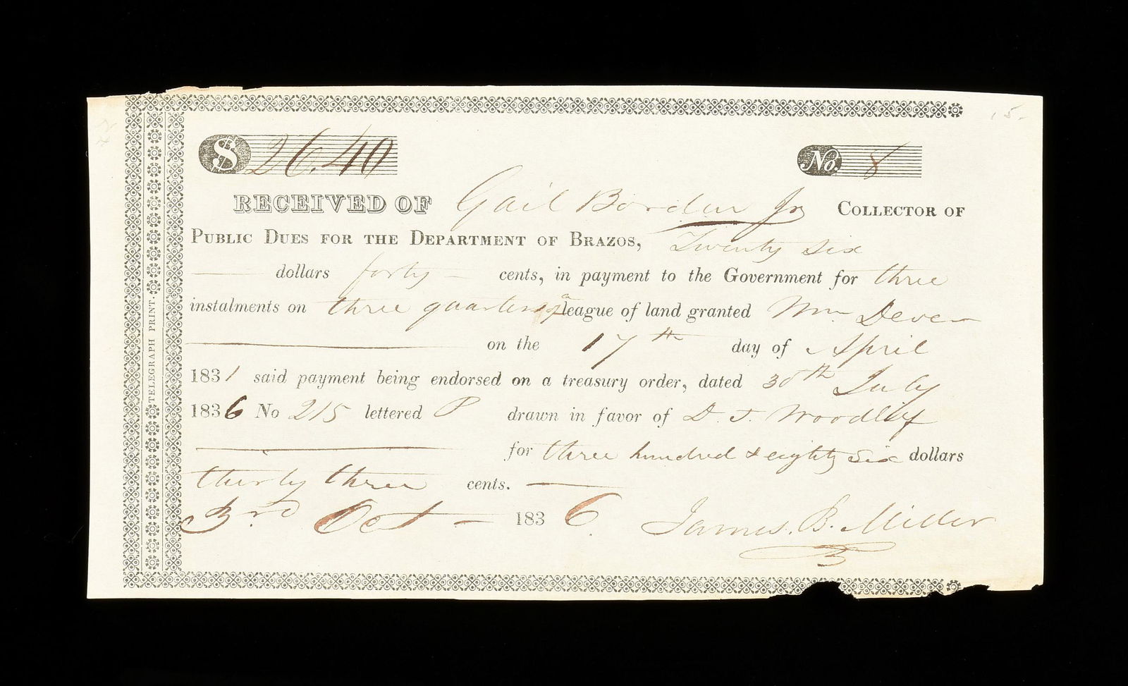 A LAND RECEIPT RECEIVED OF GAIL BORDEN JR. AT FIRST (1 of 2)