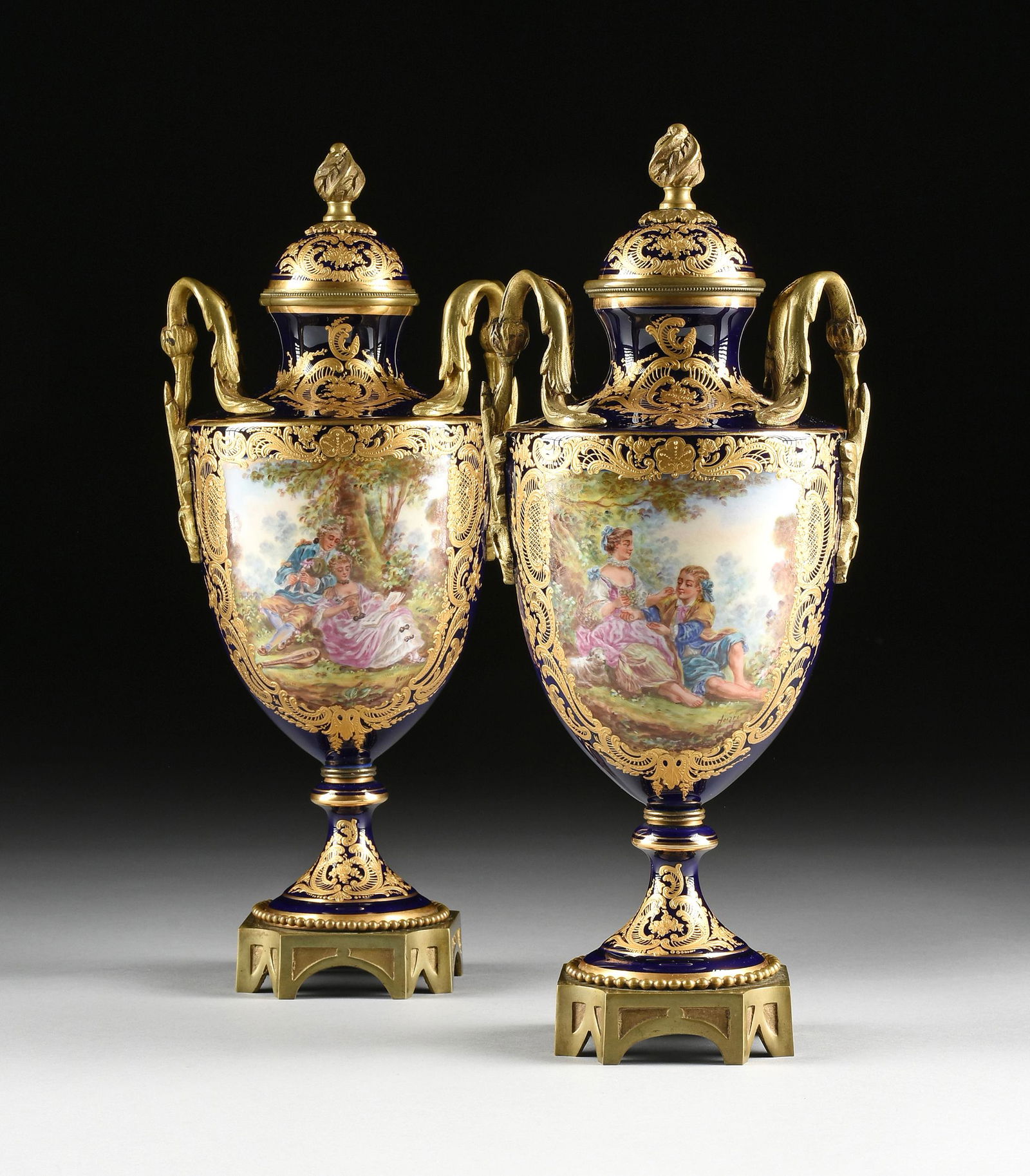 A PAIR OF SÈVRES STYLE ORMOLU MOUNTED PARCEL GILT AND (1 of 12)