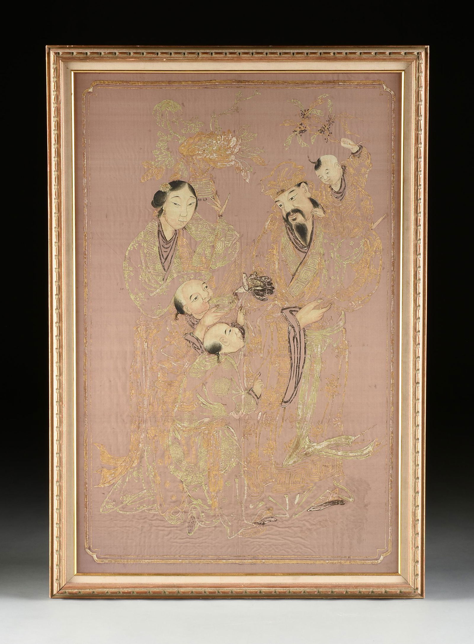 A CHINESE PARCEL GILT COLLAGE, "Family with Three: A CHINESE PARCEL GILT COLLAGE, "Family with Three Boys," REPUBLIC PERIOD (1912-1949), parcel gilt, and watercolor on paper cutout on silk. 52 1/2" x 34" Provenance: From a Music and Fine Art Estate, H