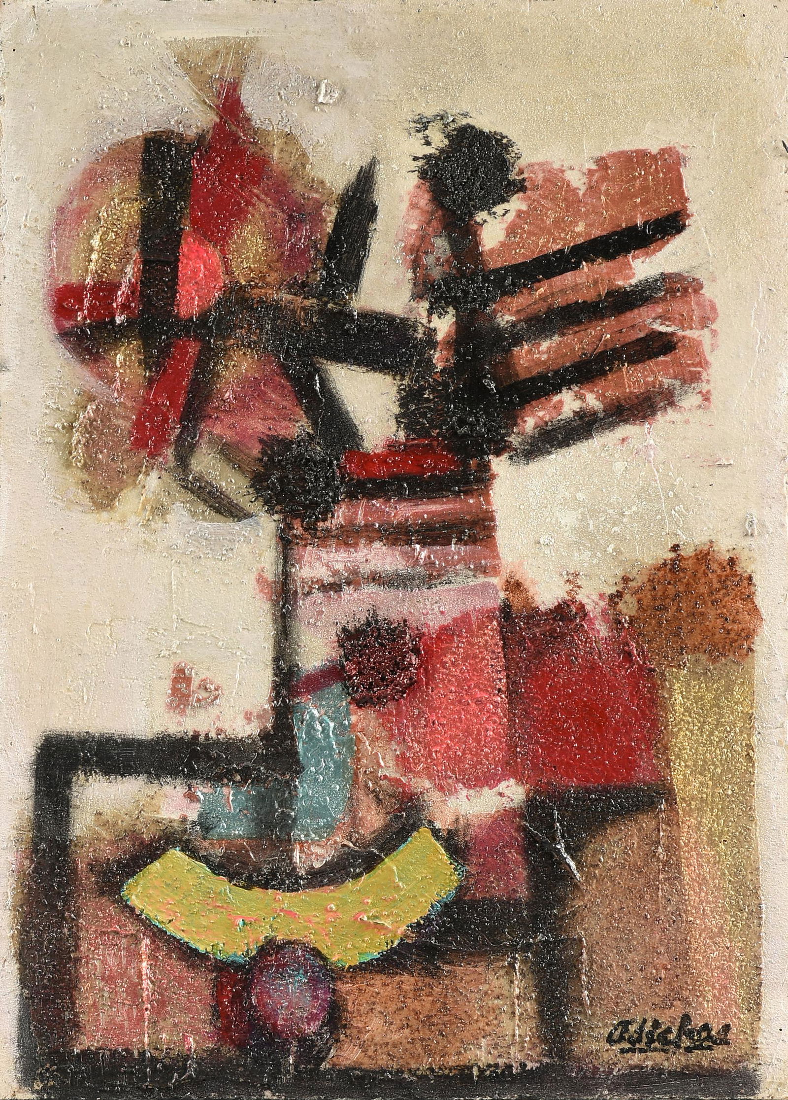 DAVID ADICKES (American/Texas b. 1927) A PAINTING,: DAVID ADICKES (American/Texas b. 1927) A PAINTING, "Abstract Still Life: Melon, Flowers," 2010, acrylic on board, signed L/R, "Adickes," verso the artist's studio label. 16" x 11 3/4"