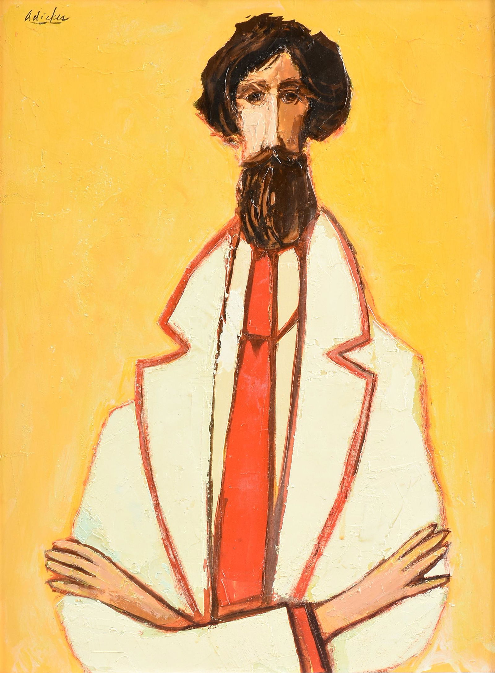 DAVID ADICKES (American/Texas b. 1927) A PAINTING,: DAVID ADICKES (American/Texas b. 1927) A PAINTING, "Gentleman on a Yellow Ground," acrylic on board, signed U/L, "Adickes," verso a paper gallery label. 23 1/2" x 17 1/4" Provenance: DuBose Gallery, H