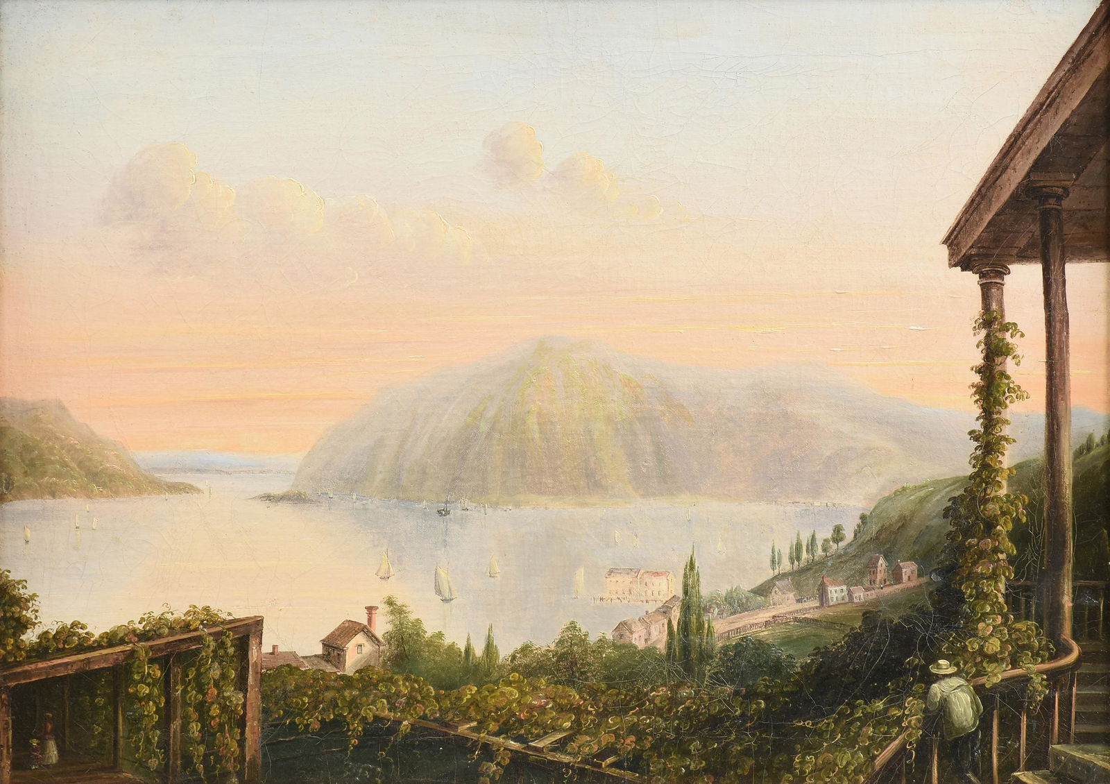 attributed to JOHN V. CORNELL (American b. 1813 fl.: attributed to JOHN V. CORNELL (American b. 1813 fl. 1838-1858) A HUDSON RIVER SCHOOL PAINTING, "View of the Hudson Highlands from Ruggles House, Newburg, N.Y.," CIRCA 1840, oil on canvas. 20 3/4" x 29