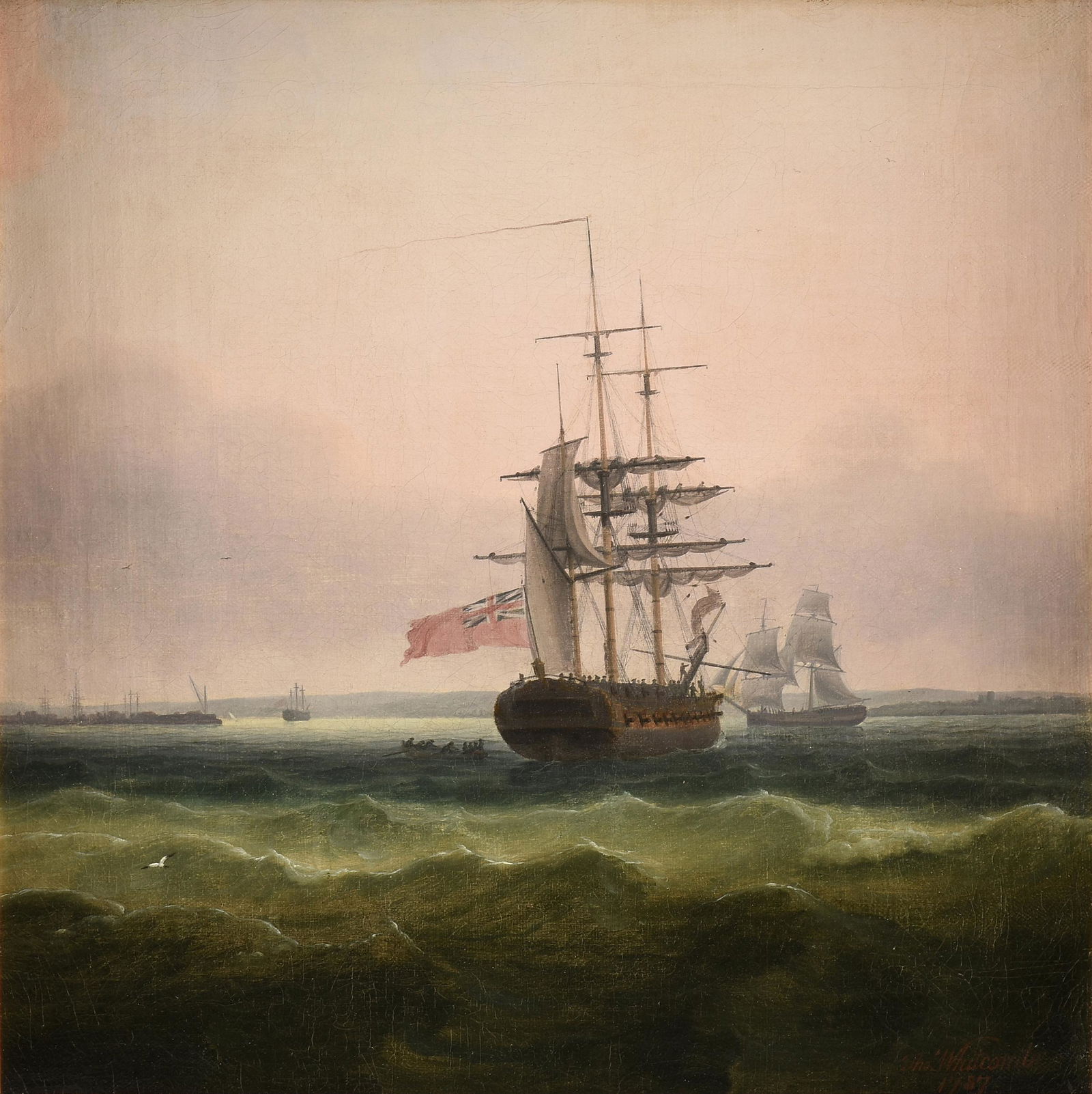 THOMAS WHITCOMBE (British c. 1752/1763-c. 1824) A: THOMAS WHITCOMBE (British c. 1752/1763-c. 1824) A PAINTING, "British Frigate: Flora, 36 Tons," 1787, oil on canvas, signed and dated L/R, "Thos. Whitcombe 1787," verso a paper gallery label. 19" x 19"