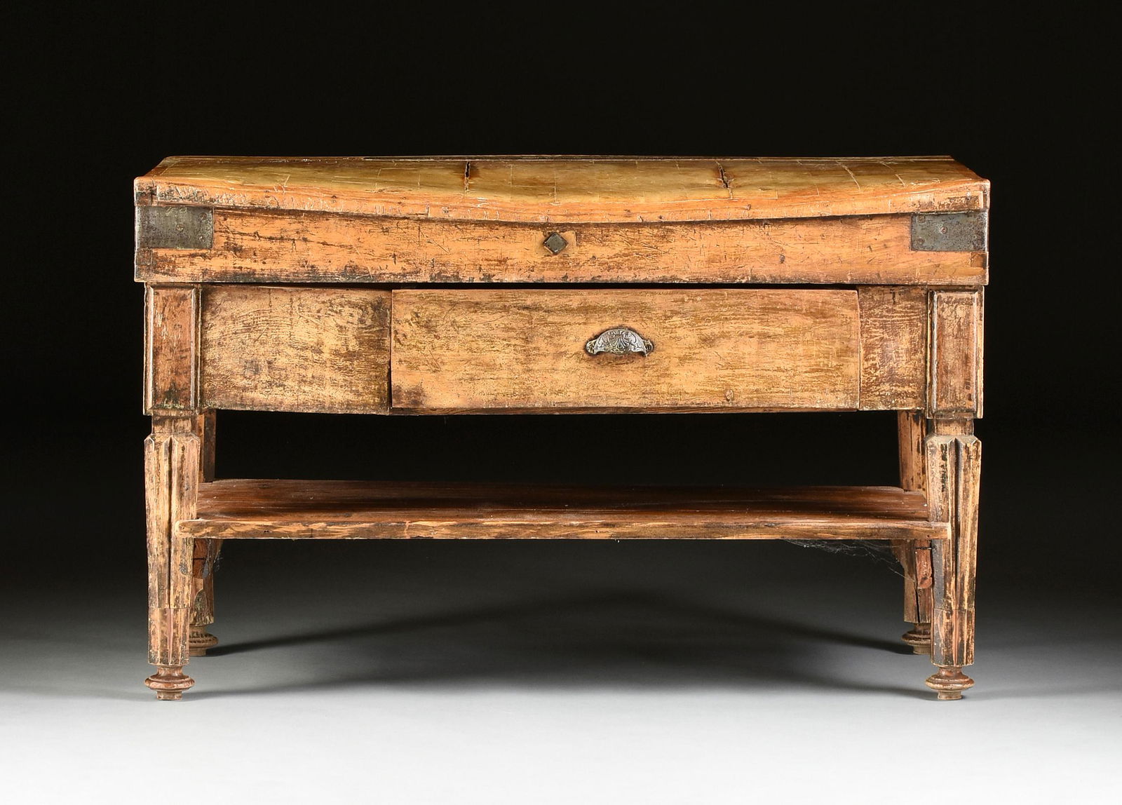 AN ANTIQUE RUSTIC BUTCHER BLOCK CENTER CABINET, (1 of 11)