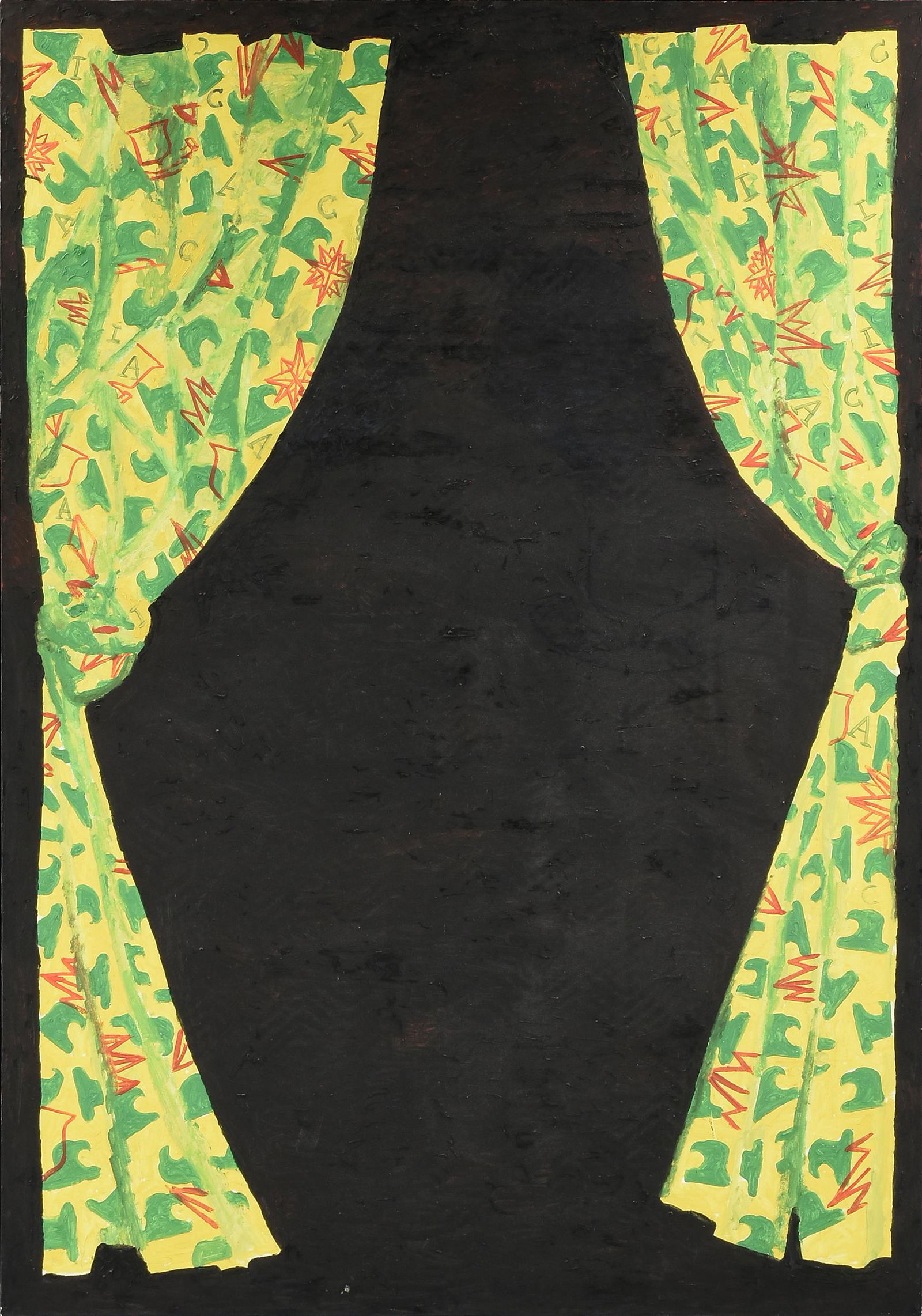 DEREK BOSHIER (British b. 1937) A PAINTING, "A, I see: DEREK BOSHIER (British b. 1937) A PAINTING, "A, I see (C.I.A.)," 1989, oil on canvas, verso titled, dated, and signed, verso paper gallery labels. 7' 1 1/2" x 59" Provenance: Ollendorff Fine Arts, New