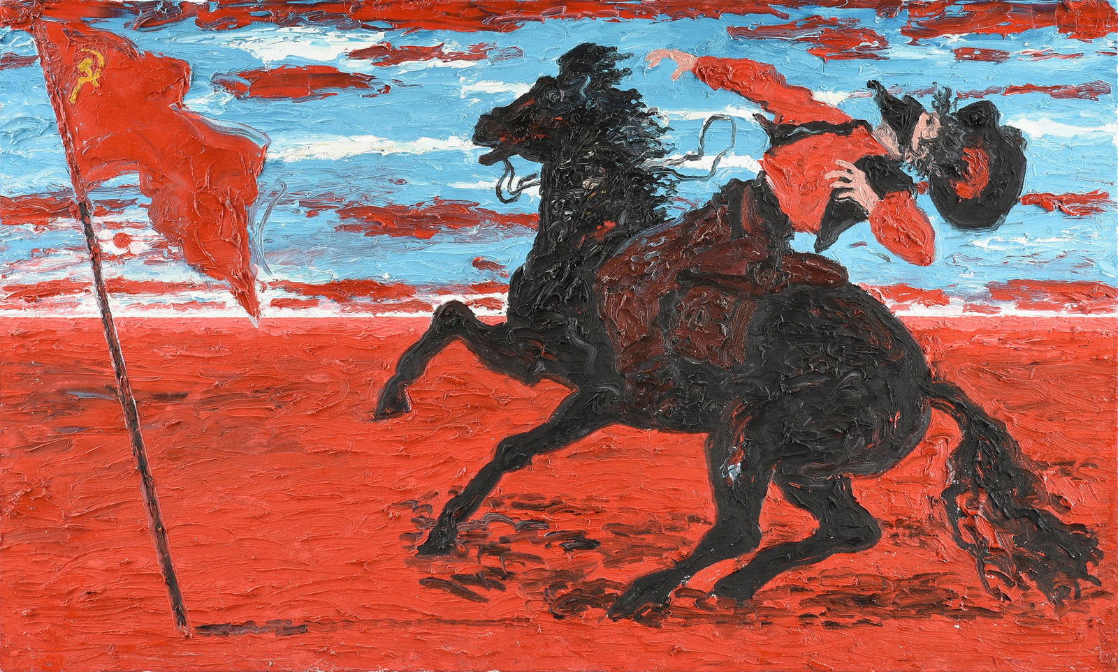 DEREK BOSHIER (British b. 1937) A PAINTING, "Red: DEREK BOSHIER (British b. 1937) A PAINTING, "Red Cowboy," 1986, oil on canvas, verso signed. 36" x 60" Provenance: Exhibited in "AN ART HISTORIAN COLLECTS: The David E. Brauer Collection" at the Mobil