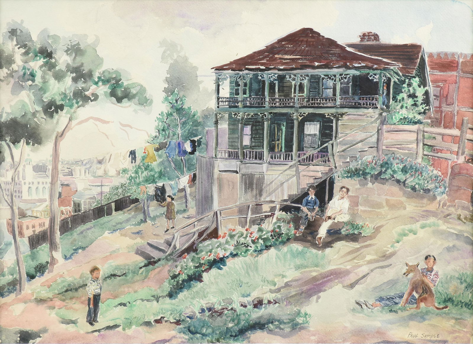 PAUL STARRETT SAMPLE (American 1896-1974) A PAINTING,: PAUL STARRETT SAMPLE (American 1896-1974) A PAINTING, "At the Homestead," watercolor on paper, signed in pencil L/R, "PAUL SAMPLE," verso a paper label. 17" x 22" Provenance: Rainone Galleries, Inc.,